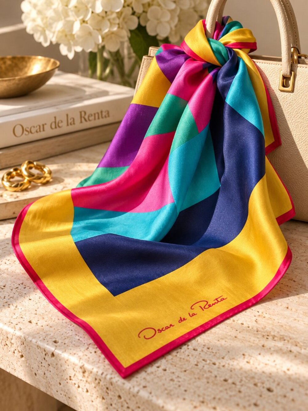 Oscar de la Renta Vintage 100% Silk Colorblock Square Scarf 24.5"